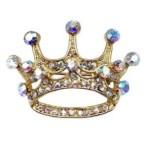 Vintage Style Princess Crown Brooch Pin Aurora Borealis Rhinestones Gold Tone